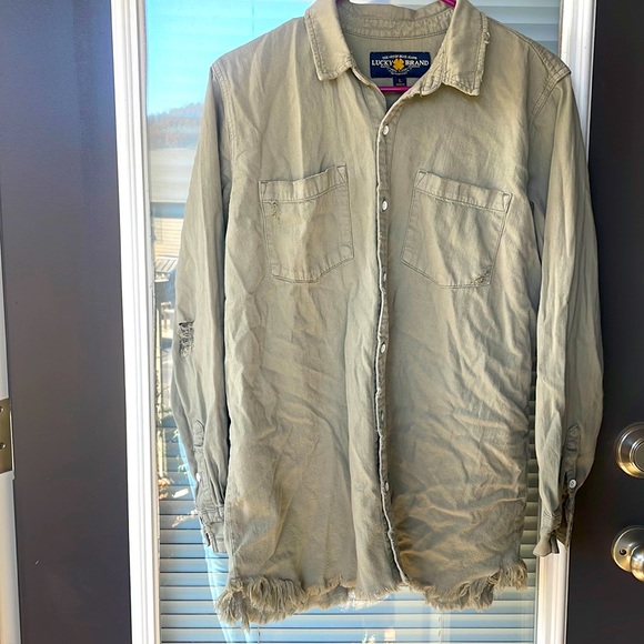 Lucky Brand Tops - Distressed Utility Light Olive Button Up